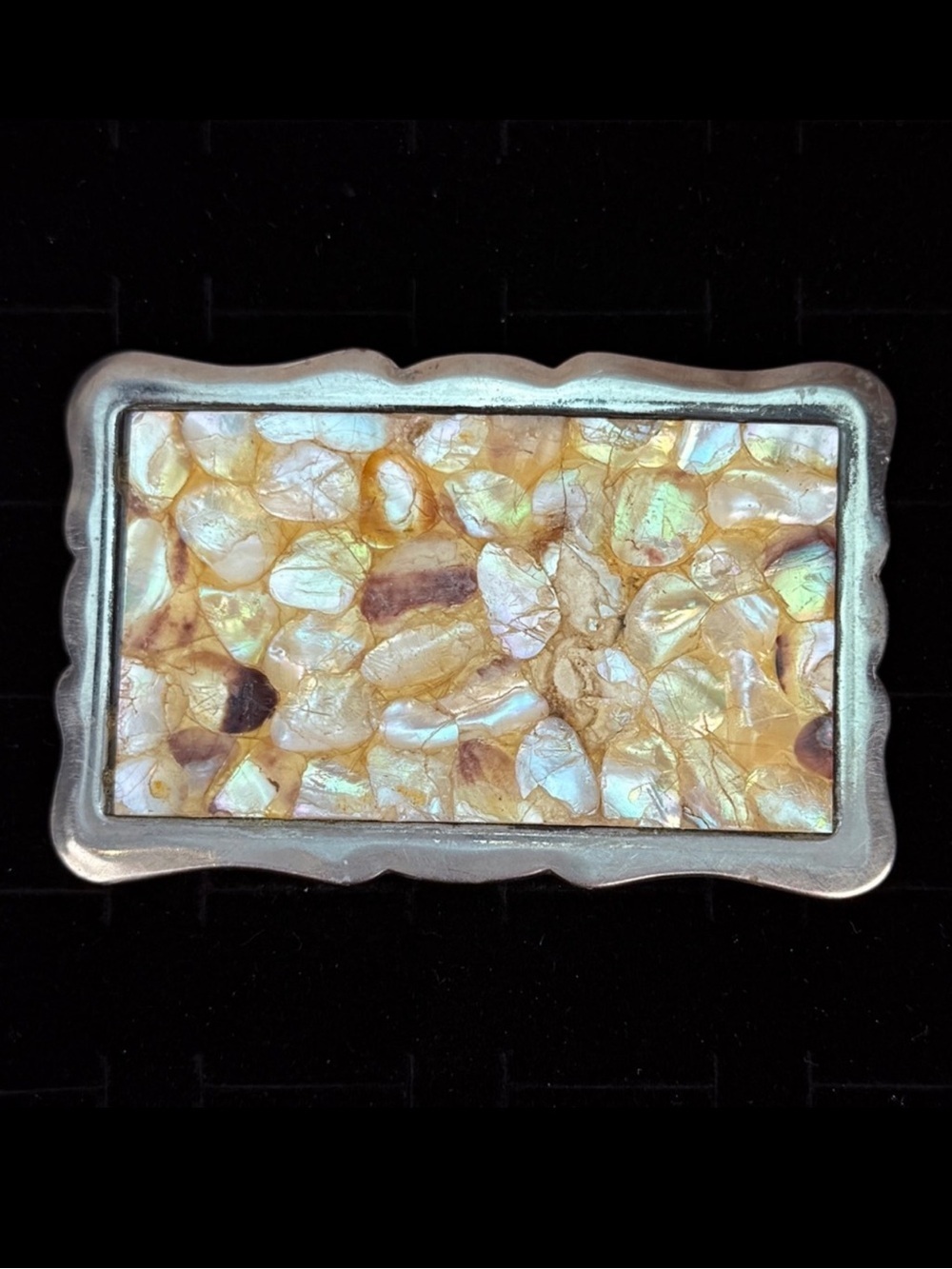 Vintage weighted, abalone mother of pearl shell, Silvertone 3”x2” belt buckle